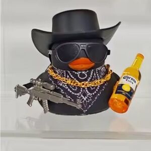 Novelty Black Rubber Duck with Black Hat and Sunglasses with gun and Corona